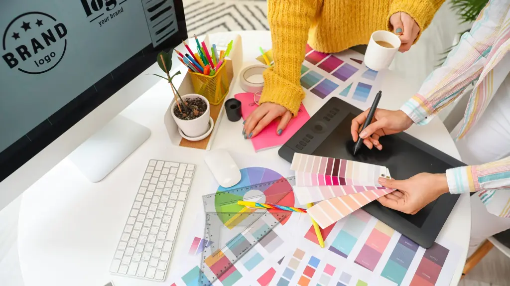 Graphic designer with colleague working in office