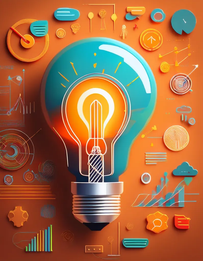 Lightbulb Surrounded By Business Symbols On Orange Background