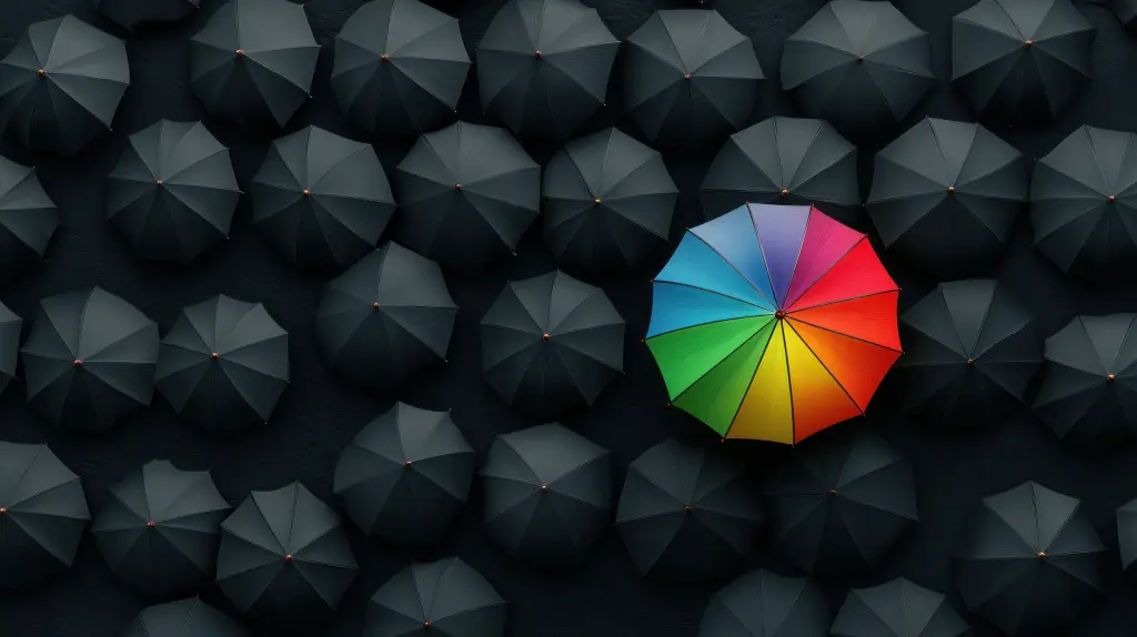 A striking composition featuring a single colourful rainbow umbrella amidst a sea of black umbrellas. The vibrant colours contrast with the dark, minimal background, symbolising individuality, innovation, and boldness