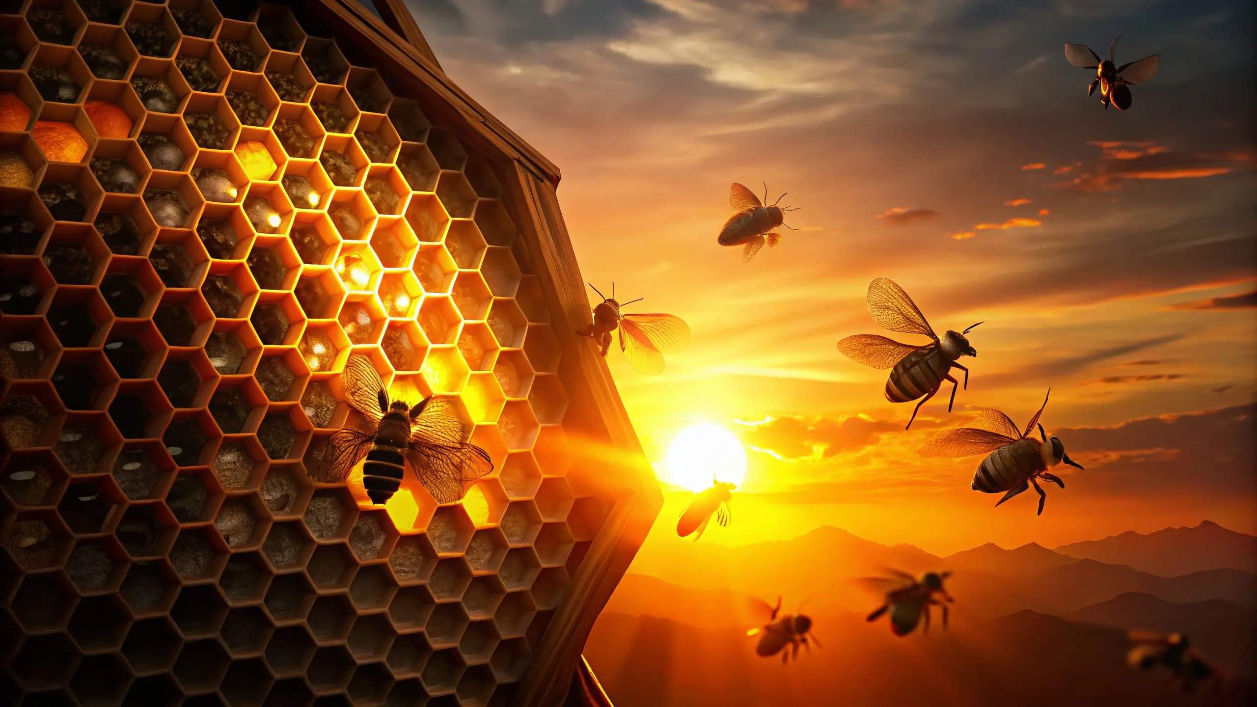 Silhouette of Honeycomb with Busy Bees at Sunset