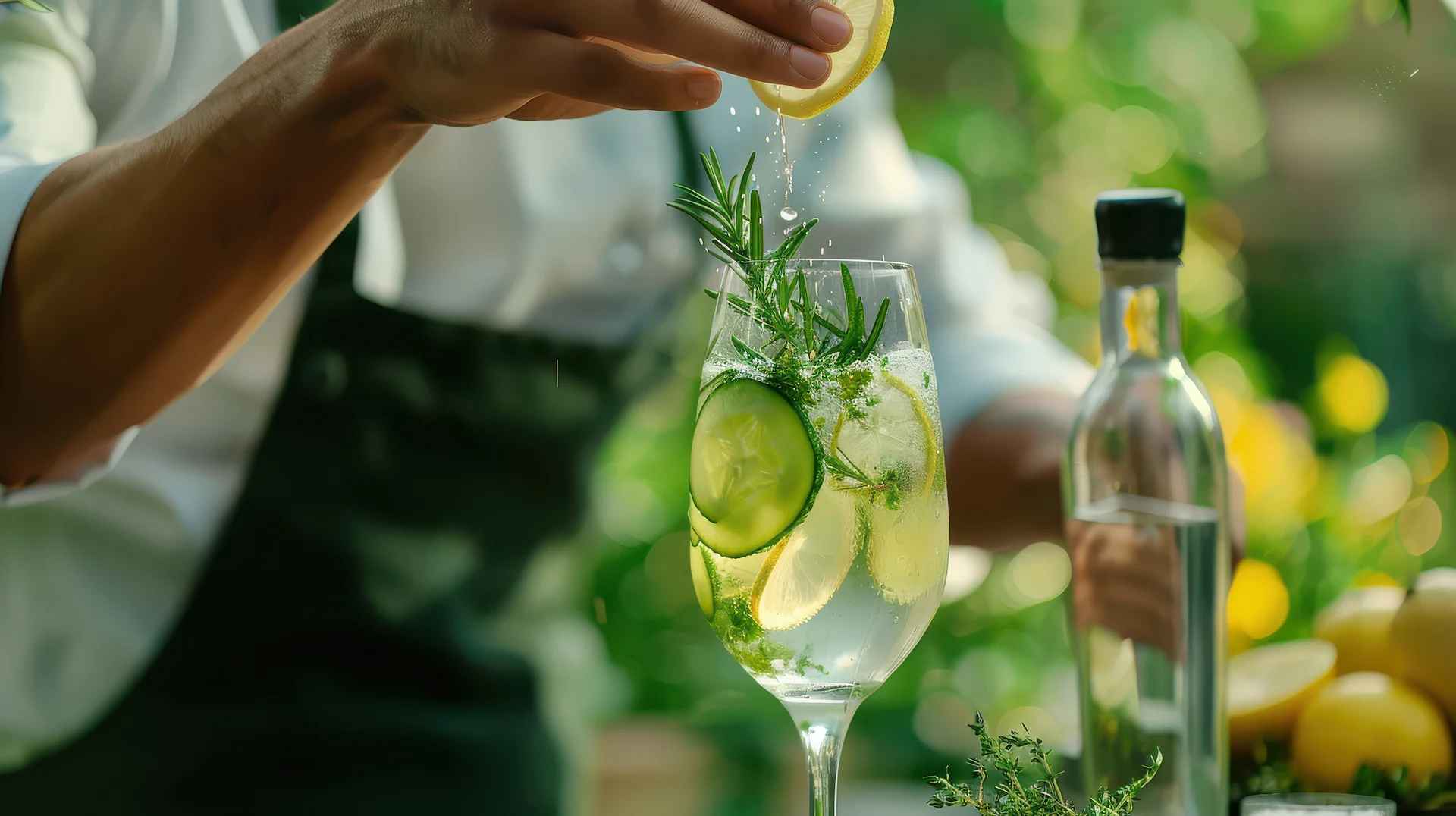 Waitress putting lemon into a glass of lemonade